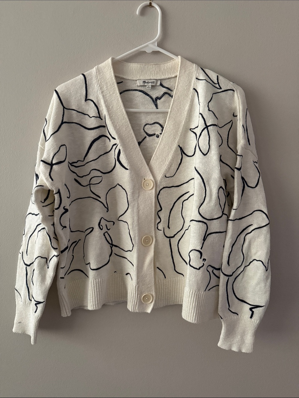Madewell Cotton Ivory Cardigan with Abstract Floral Designs